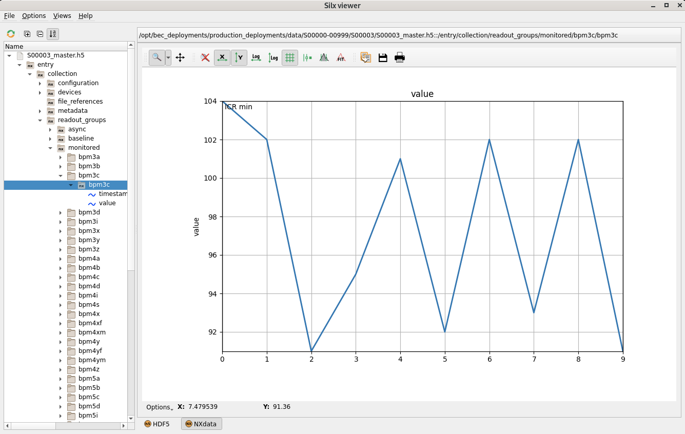 silx viewer showing a BEC master file, the HDF5 tree under entry/collection on the left, and a plotted value dataset on the right